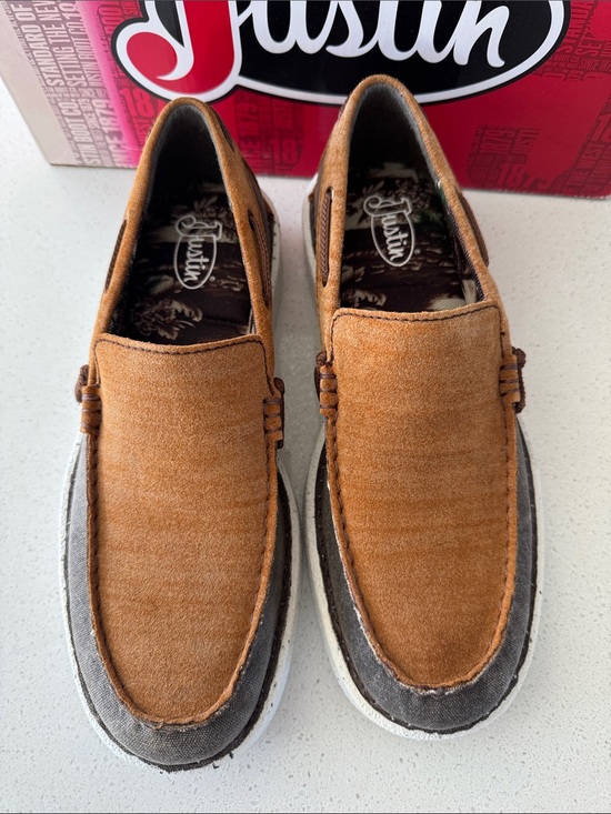 Justin Boots Two-Tone camel color sueded leather and Gray camo Slip-On Loafers. main image 5